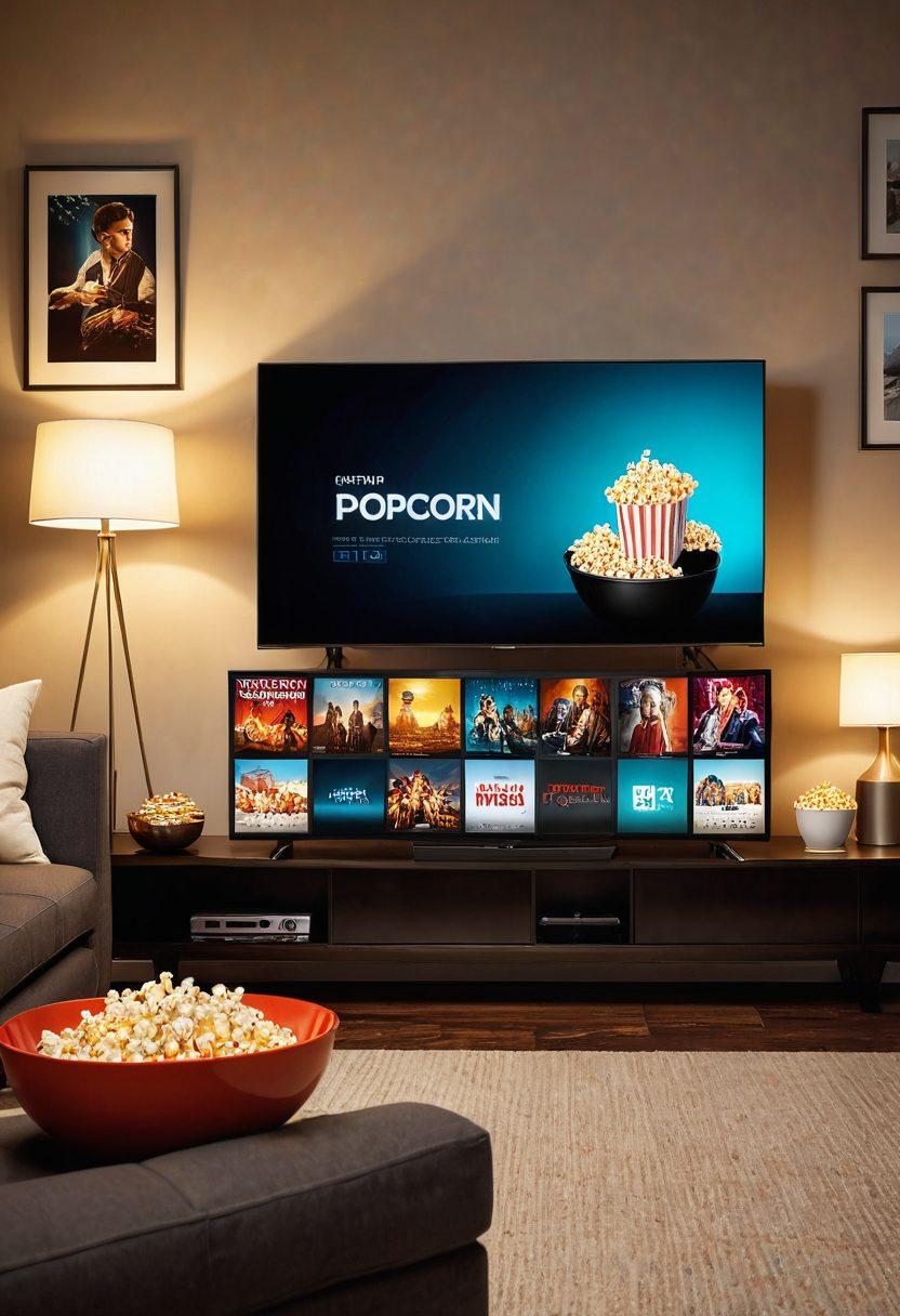 A sleek modern living room with a large flat-screen TV showcasing an elegant movie night ambiance, popcorn, and a film reel. Dim lighting to evoke a cozy atmosphere. A streaming service interface on the TV screen featuring high-quality movie thumbnails. Cinematic vibe with subtle adult themes. vector art. vibrant colors.