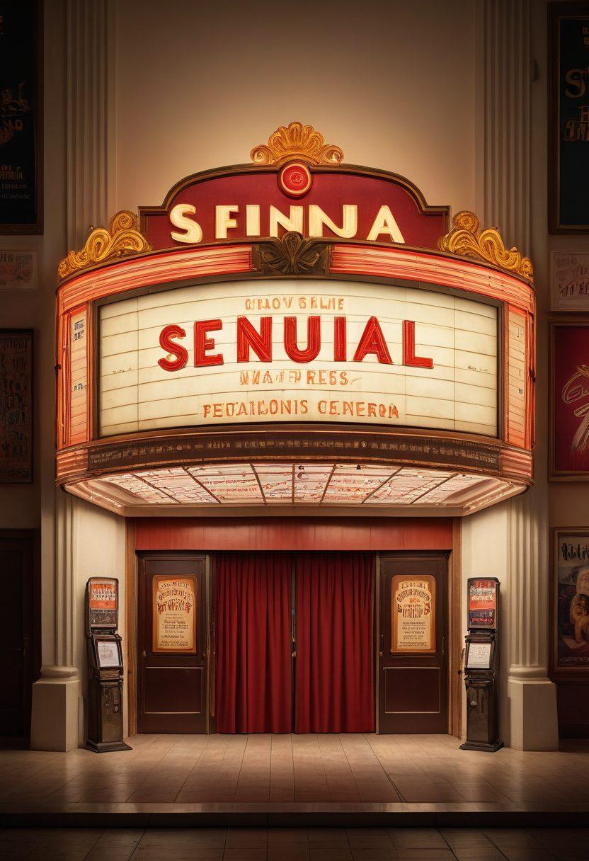 An elegant vintage cinema marquee showcasing the title 'Sensual Cinema,' with dimly lit poster frames on either side displaying mysterious and alluring film posters. In the background, a soft, atmospheric glow emulates an old-style movie theater. Subtle hints of film reels and movie tickets scattered around add a nostalgic touch. super-realistic. vibrant colors. white background.