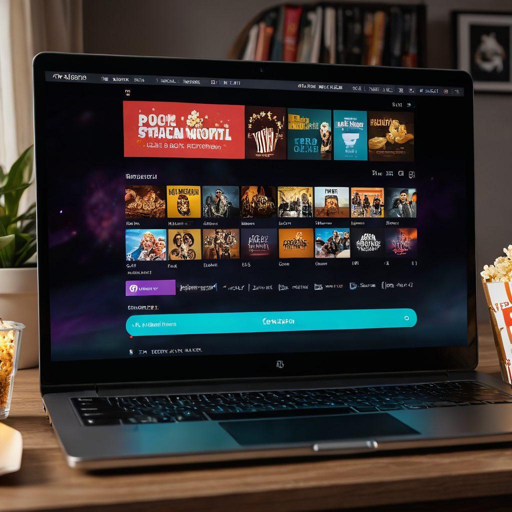 A sleek, modern laptop screen displaying an elegant user-friendly interface of a streaming platform. The background should include a cozy living room setup with dim lighting, showcasing a plush sofa and a popcorn bowl. Include subtle film reel icons and star ratings to emphasize high-quality content. vibrant colors. super-realistic.